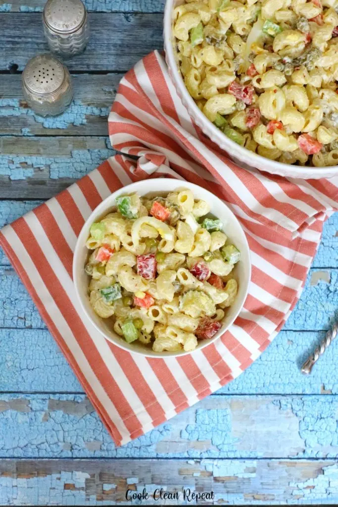 Top down look at the creamy pasta salad recipe finished and ready to eat. 