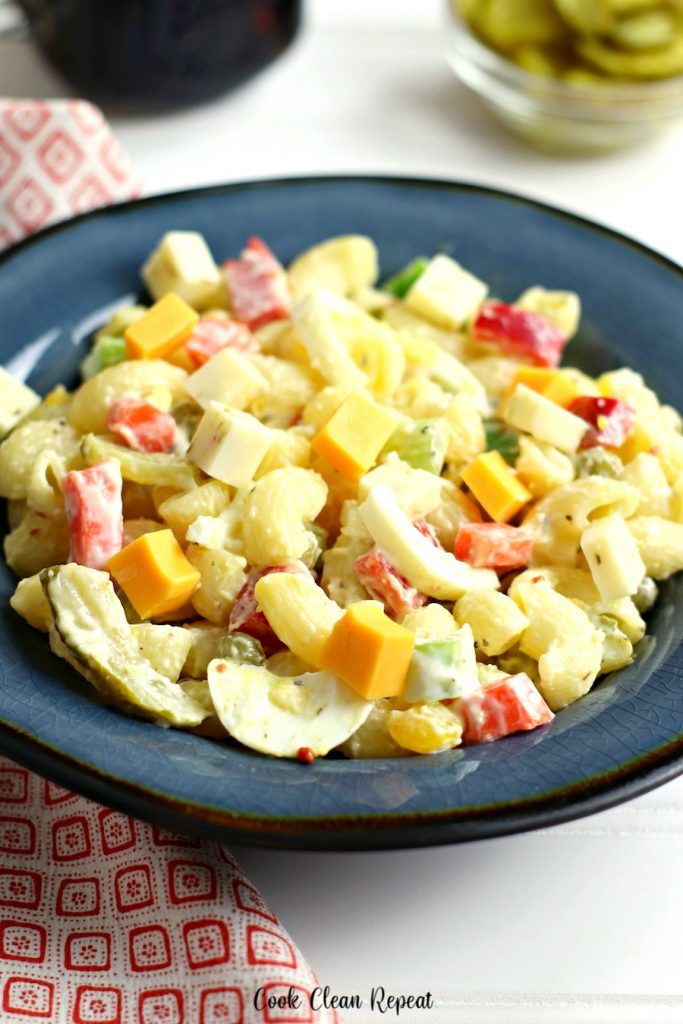 A photo of the finished pasta salad recipe in a bowl ready to be served. 