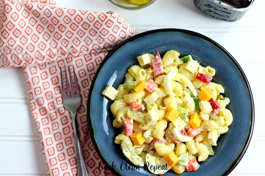 A top down look at the finished recipe for creamy pasta salad. 