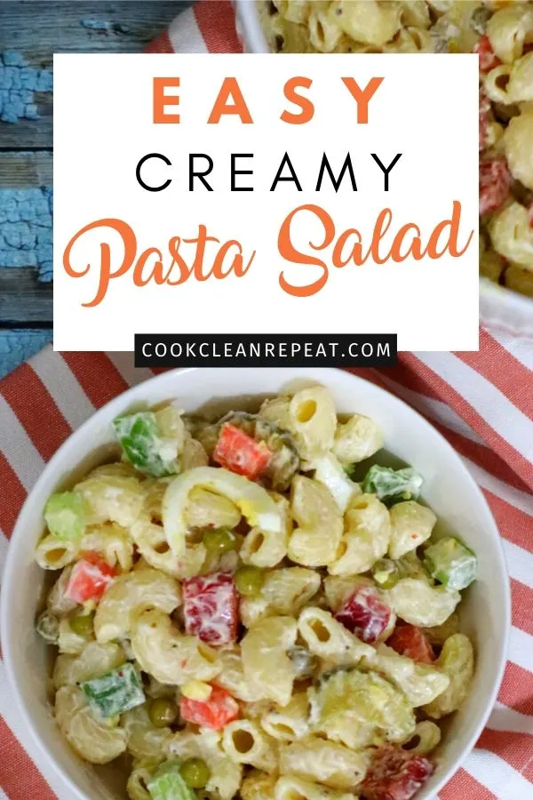 Another pin showing the title at the top and the finished recipe for creamy pasta salad at the bottom. 