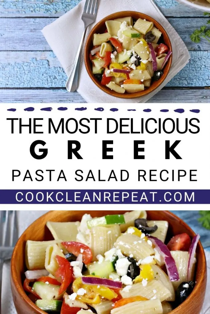 A final pin showing the finished greek pasta salad recipe. 