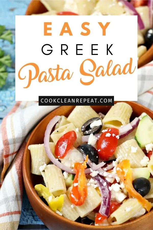 A pin showing the finished greek pasta salad recipe.
