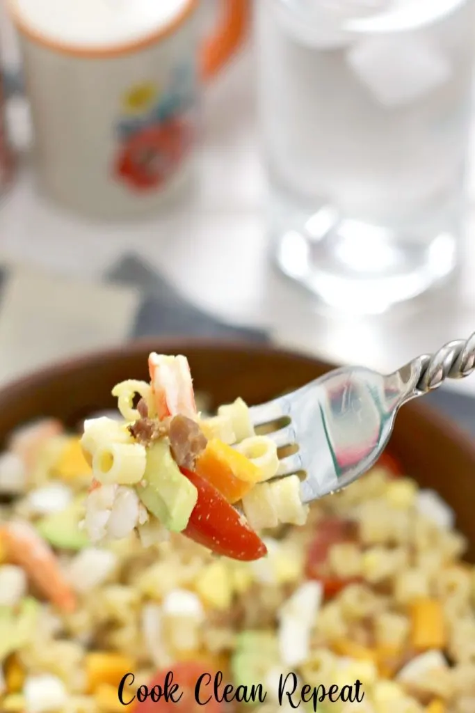Pasta salad on a fork ready to be served