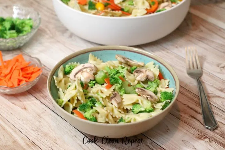 Featured image showing the finished bow tie pasta salad recipe in a bowl ready to eat.