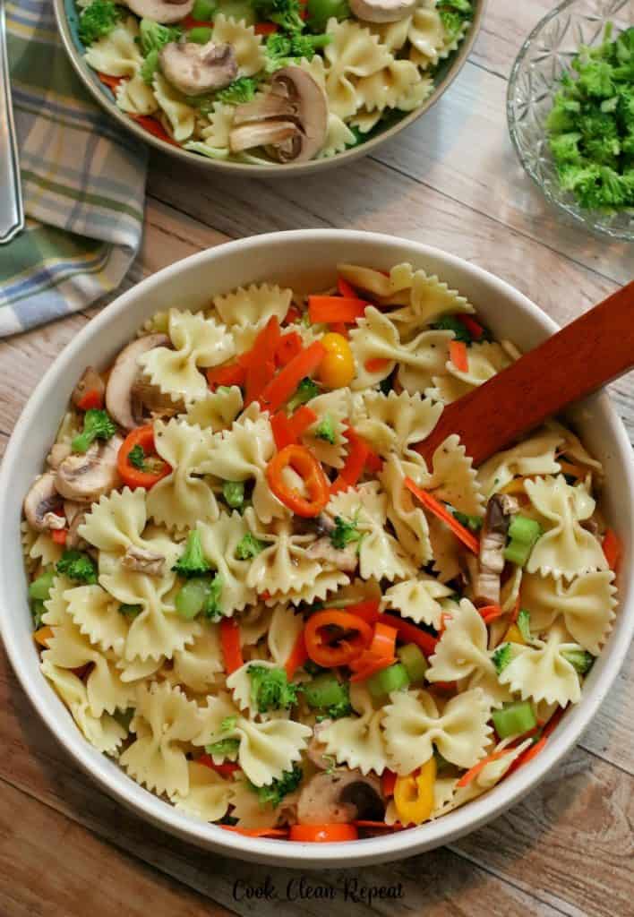 here we see into the bowl full of the finished bow tie pasta salad ready to be eaten.