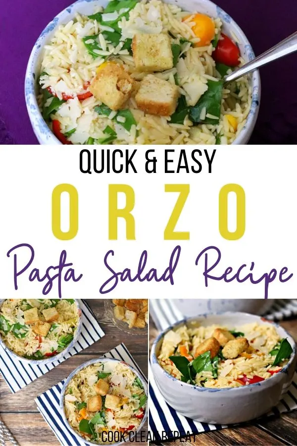 Another pin showing the title of the post in the middle and the finished orzo pasta salad at top and bottom. 