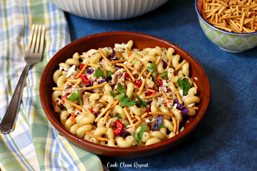A bowl full of delicious easy pasta salad with chicken. 