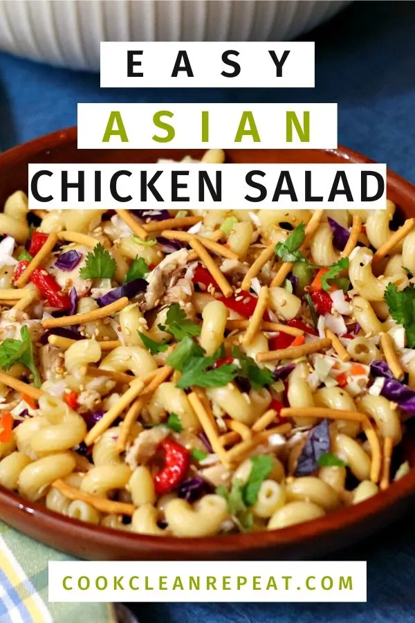 Another pin showing the finished easy asian chicken pasta salad in a dish. 