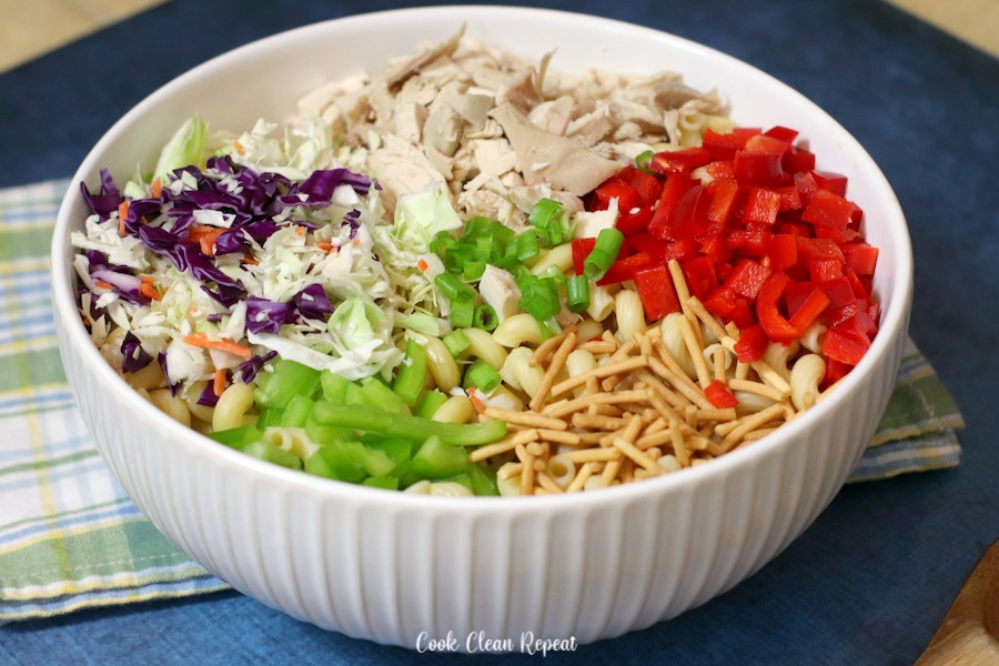 Before the pasta salad gets mixed up the bowl looks great, so organized and delicious. 