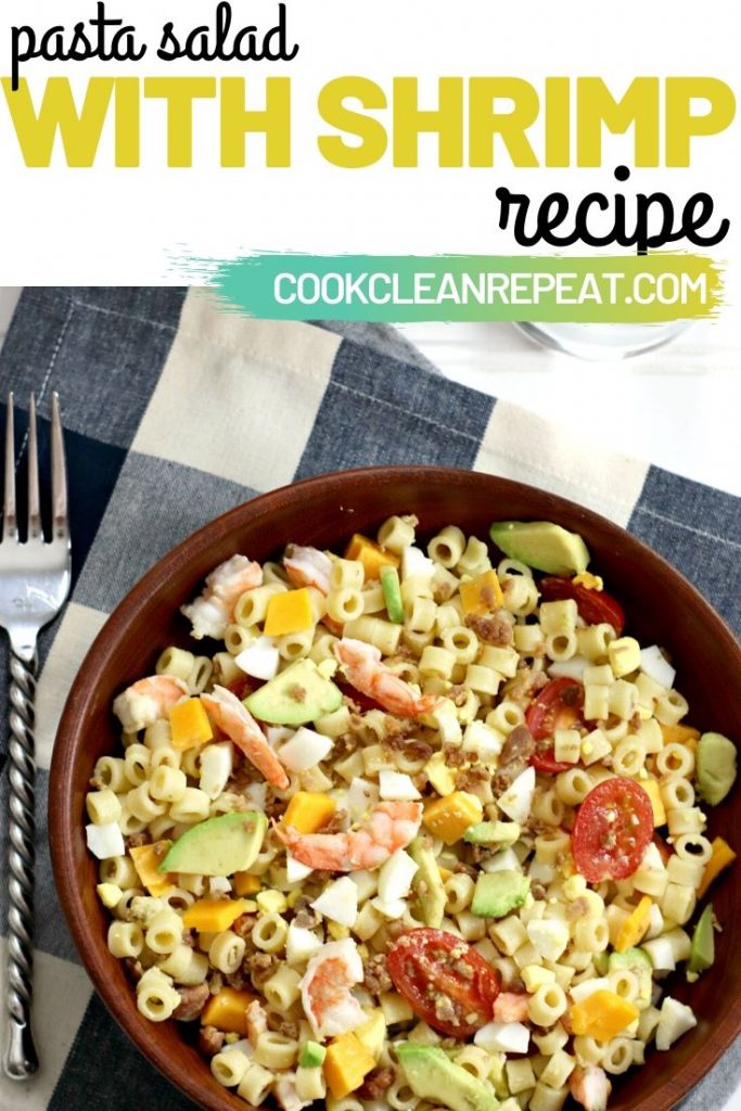 Another pin showing the title of the recipe at the top and the finished pasta salad with shrimp.