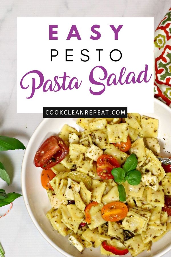 Another pin showing the finished pesto pasta salad recipe in a bowl ready to eat.