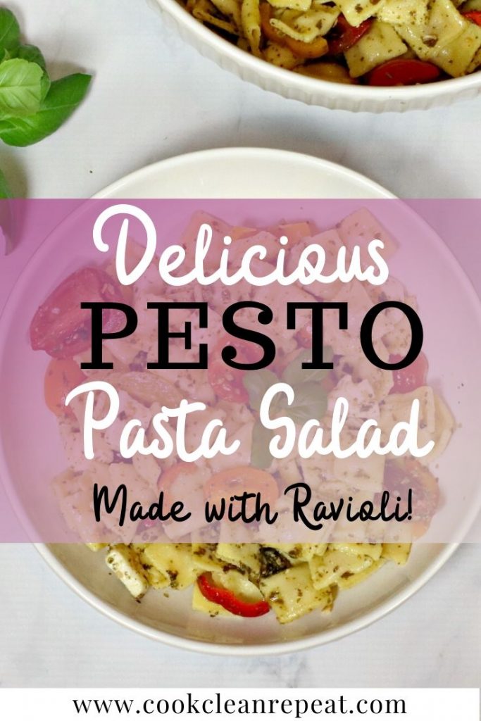 pesto pasta salad pin with text and title in the middle. 