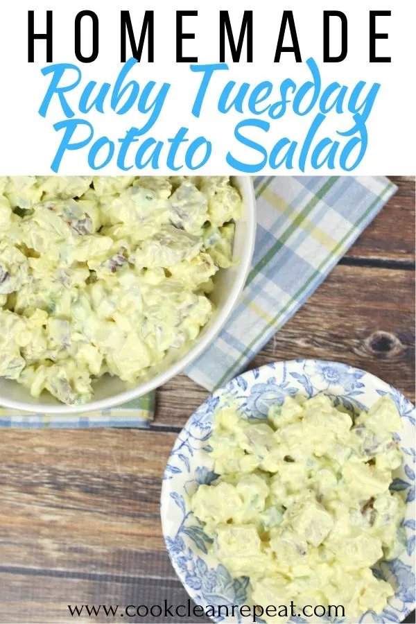Another pin showing the finished potato salad recipe in a dish ready to eat.