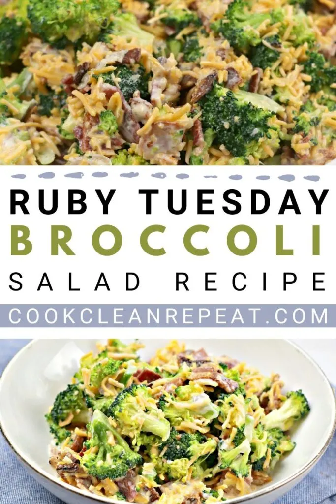 Another pin showing the title in the middle and the finished broccoli salad on the top and bottom. 