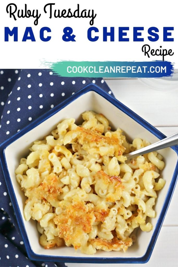 A pin showing the finished Ruby Tuesday Macaroni and Cheese recipe. 