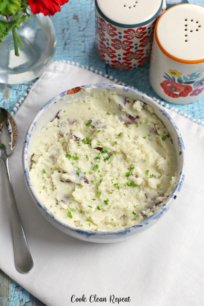 Another look at the finished recipe for homemade mashed potatoes. 