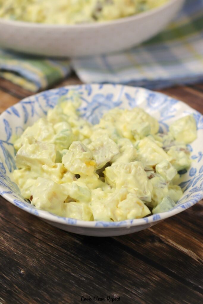 A dish full of ruby Tuesday potato salad ready to be shared. 