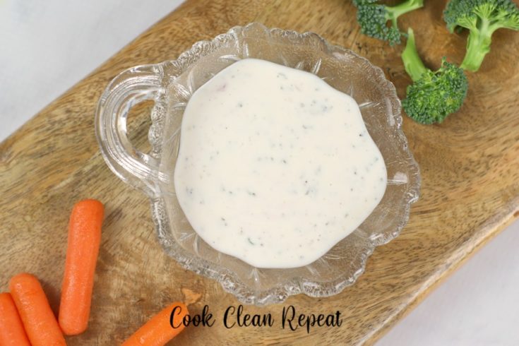 Featured image showing a top down view of a bowl full of the finished ruby Tuesday ranch dressing recipe.