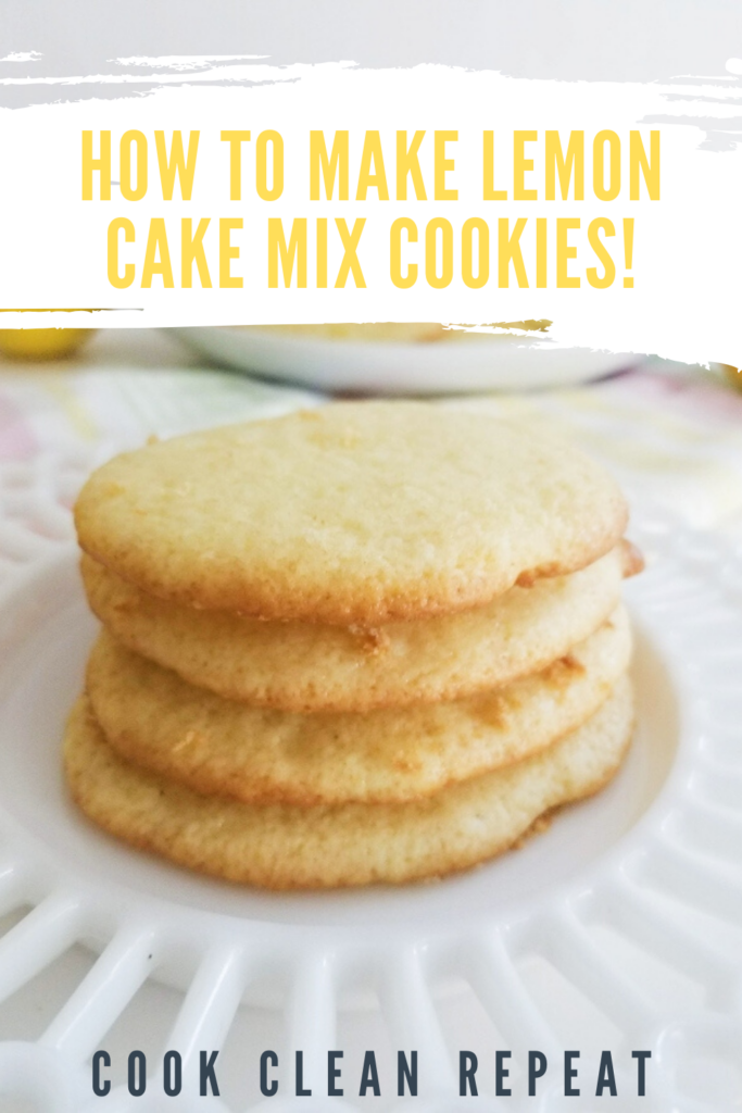 A pin showing the finished lemon cake mix cookies ready to be eaten with the title at the top. 