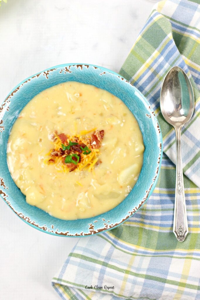A delicious bowl full of ruby Tuesday potato cheese soup recipe ready to eat. 