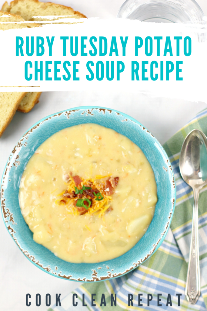 A pin showing the finished ruby Tuesday potato cheese soup recipe.
