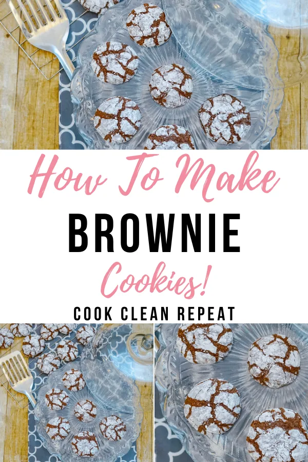 Another pin showing the finished cookies on top and bottom with the title hot to make brownie cookies in the middle. 