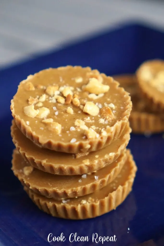 A stack of the finished maple peanut butter cups. 