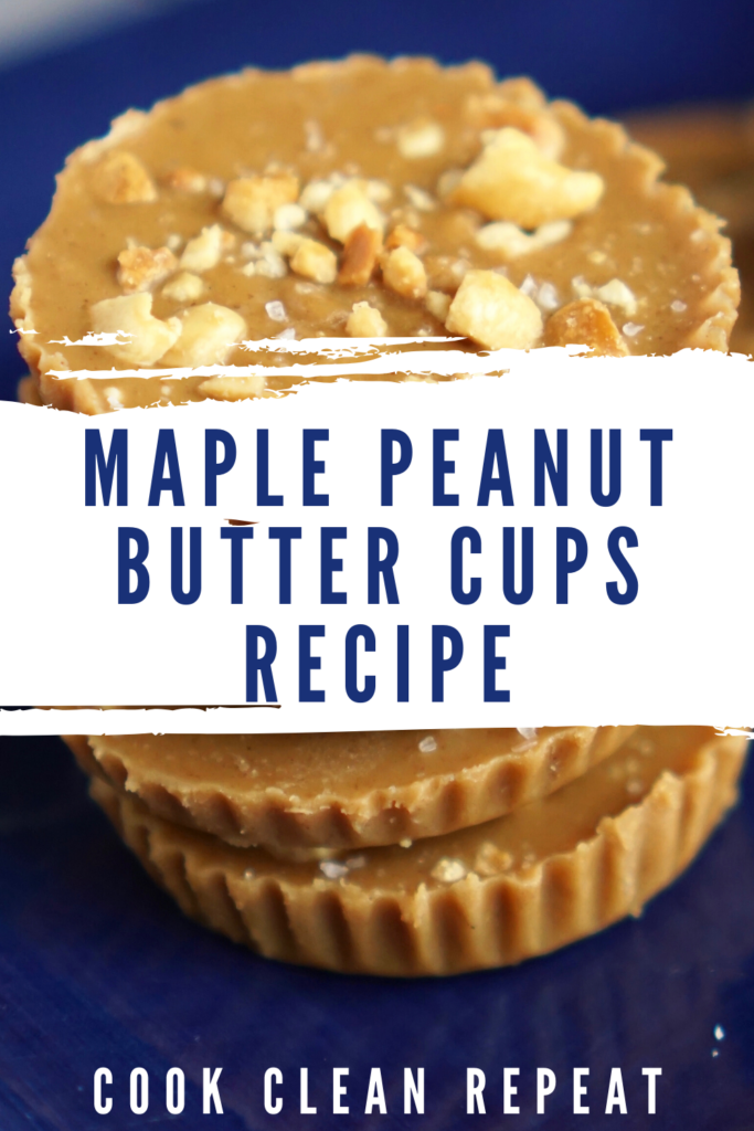 Pin showing the title in the middle and the finished homemade peanut butter cups recipe in the background.