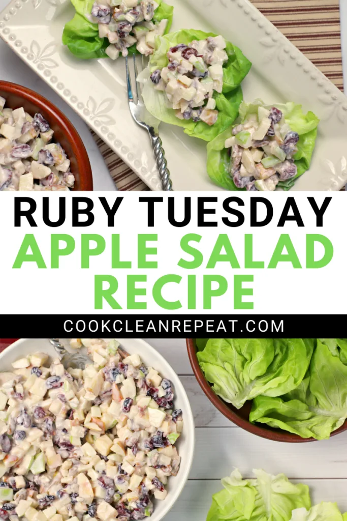 A final pin showing the finished ruby Tuesday apple salad recipe ready to eat. 