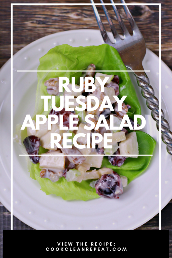 A pin showing the finished ruby Tuesday apple salad ready to be eaten with the title in the middle. 