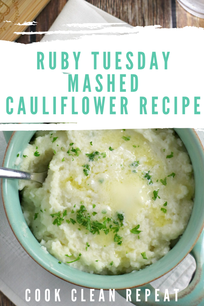 A pin showing the title at the top and the finished low carb mashed potatoes down below. 