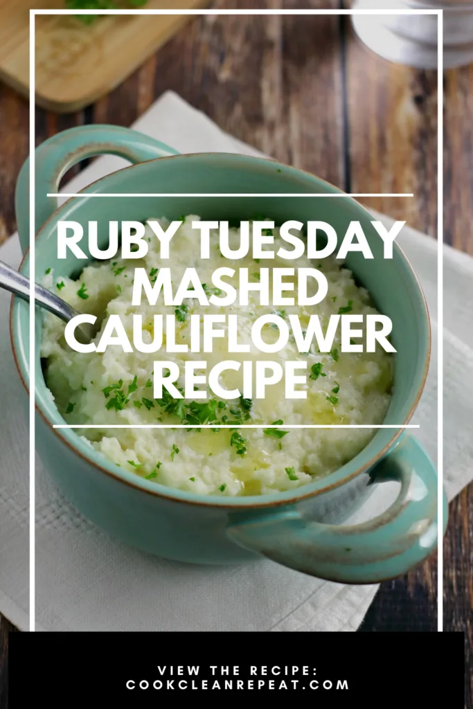Another pin showing the finished mashed cauliflower in the background and the title in the middle. 