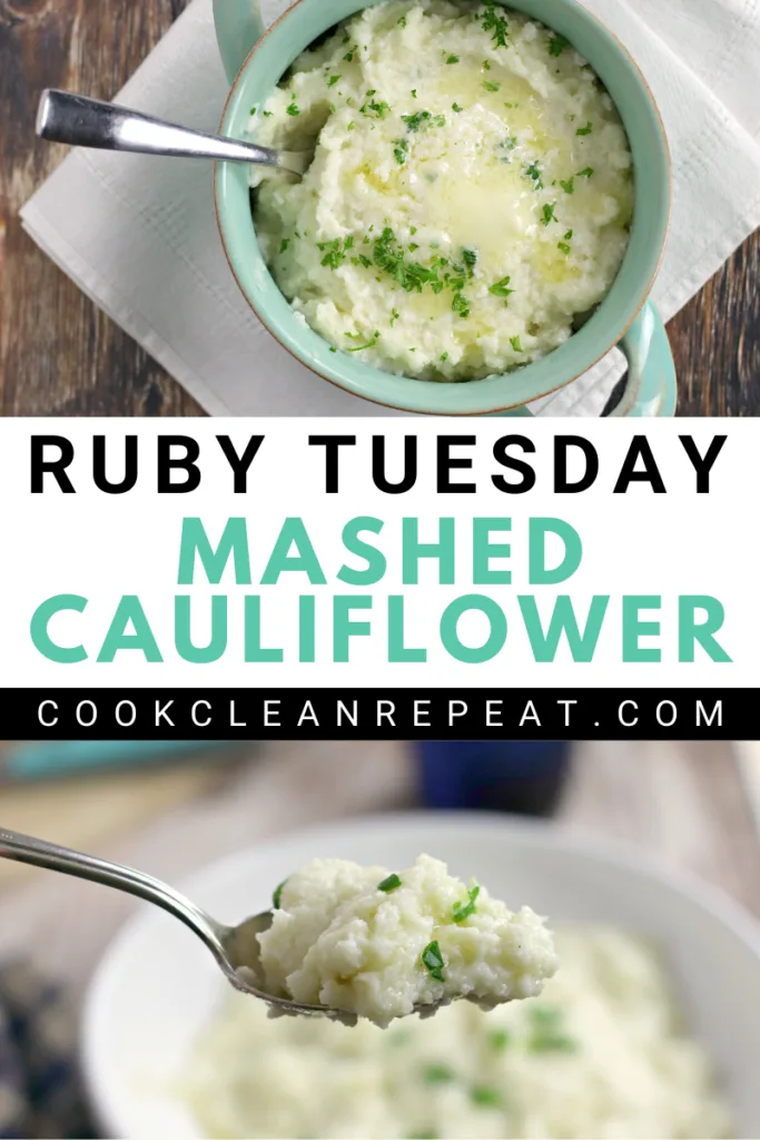 A pin showing the finished Ruby Tuesday mashed cauliflower recipe ready to be served.