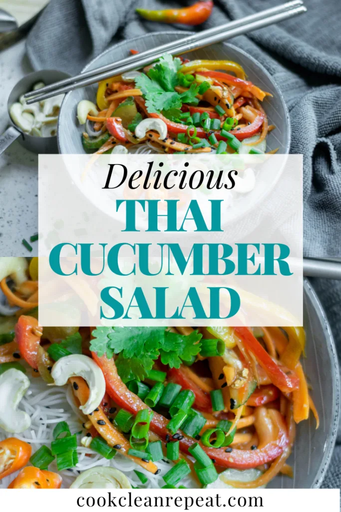 This pin image shows the title in the middle in blue letters with the photos of the finished salad in the background. 