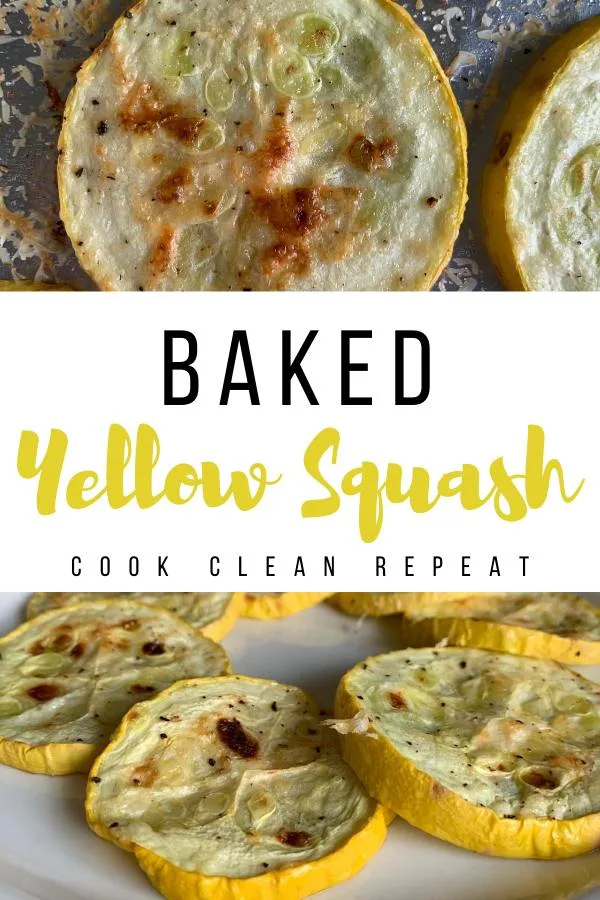 This is a baked yellow squash recipe pin showing the finished recipe ready to eat. 