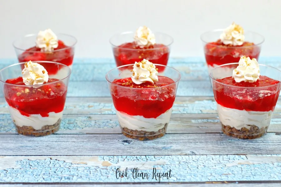 A view of the finished strawberry cheesecake cups ready to be eaten. 
