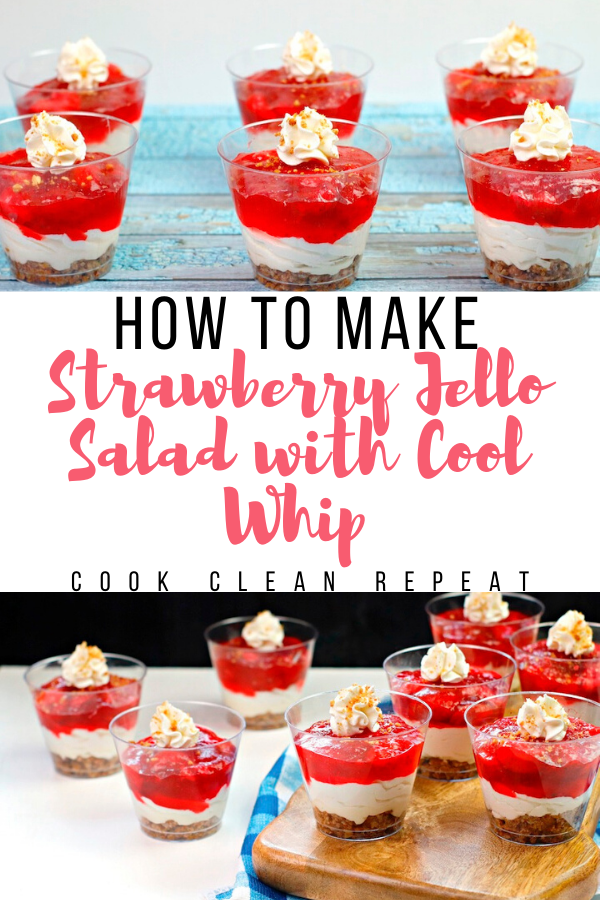 A pin showing the finished strawberry jello salad with cool whip ready to eat and the title in the middle. 