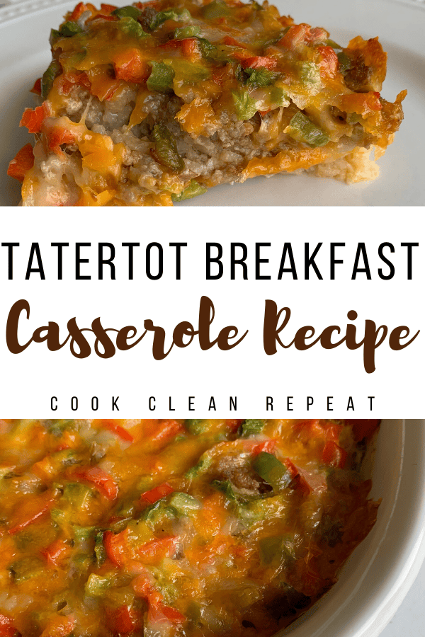 Pin showing the finished tatertot breakfast casserole ready to eat.