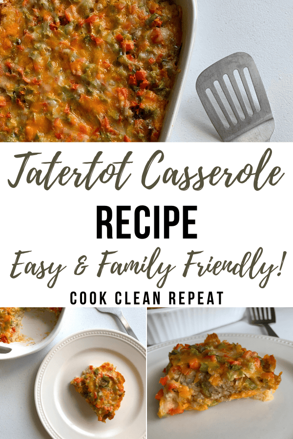 Another pin showing the finished tatertot casserole for breakfast ready to eat.