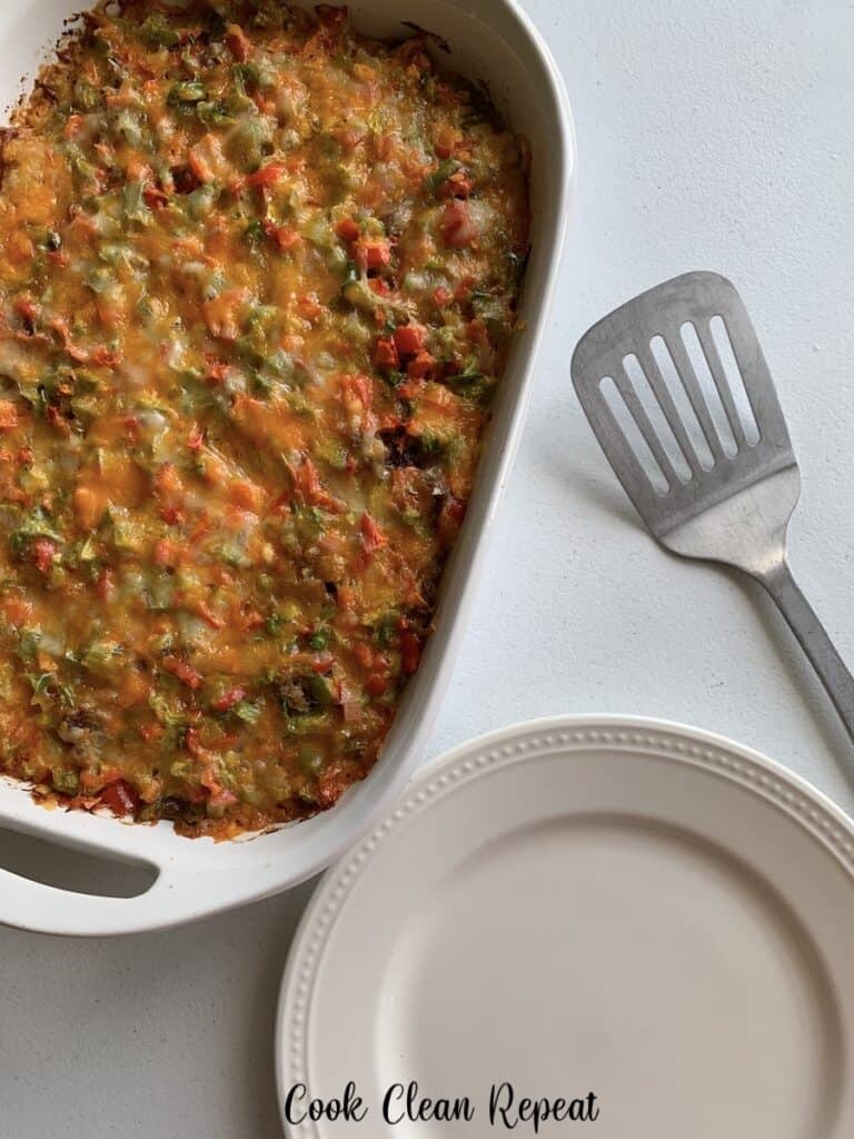 here we see the pan of casserole cooked and ready to be cut and served.