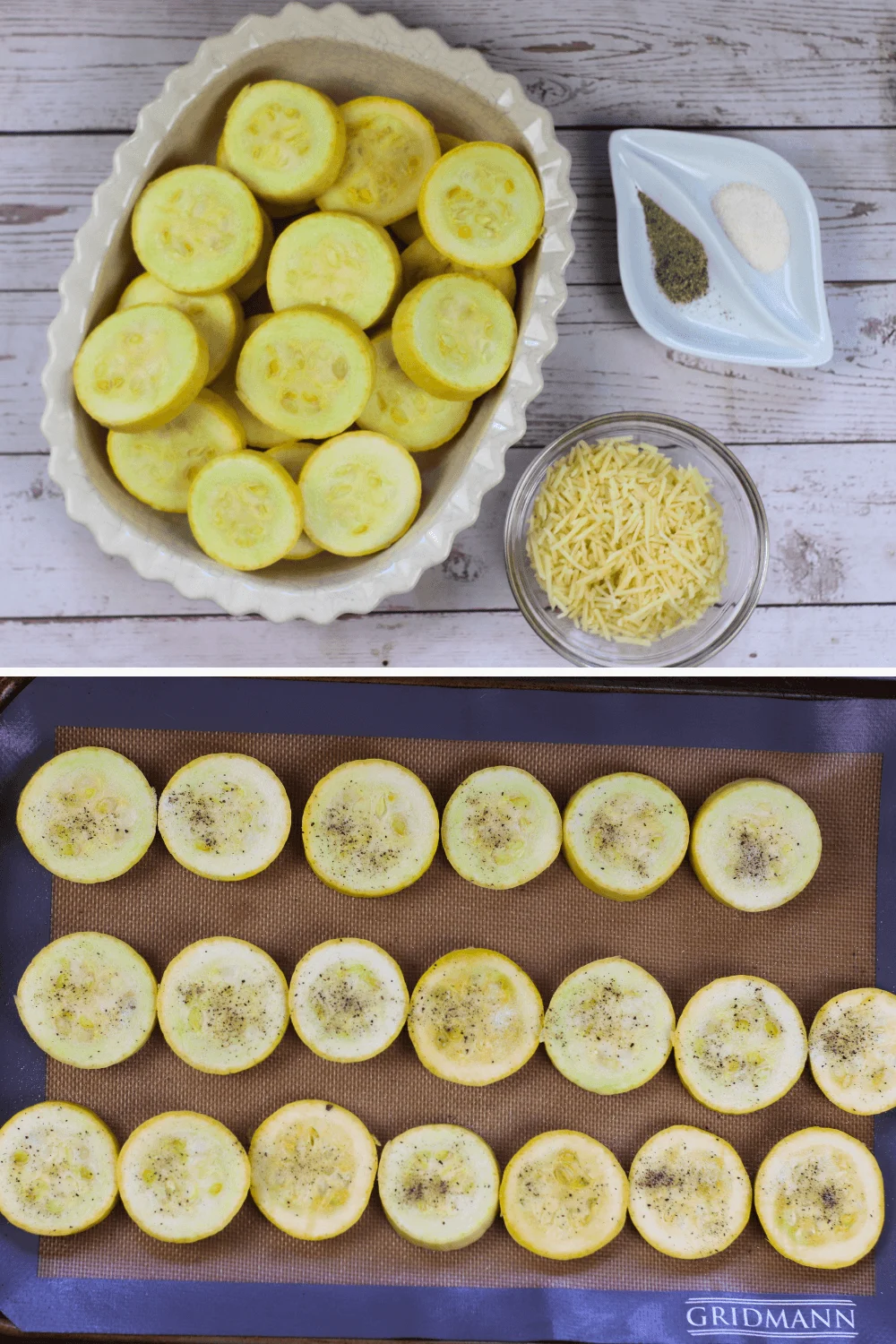 slices of yellow squash in baking pan