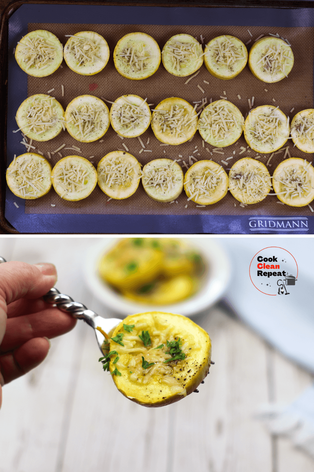 slices of yellow squash with grated cheese in baking pan