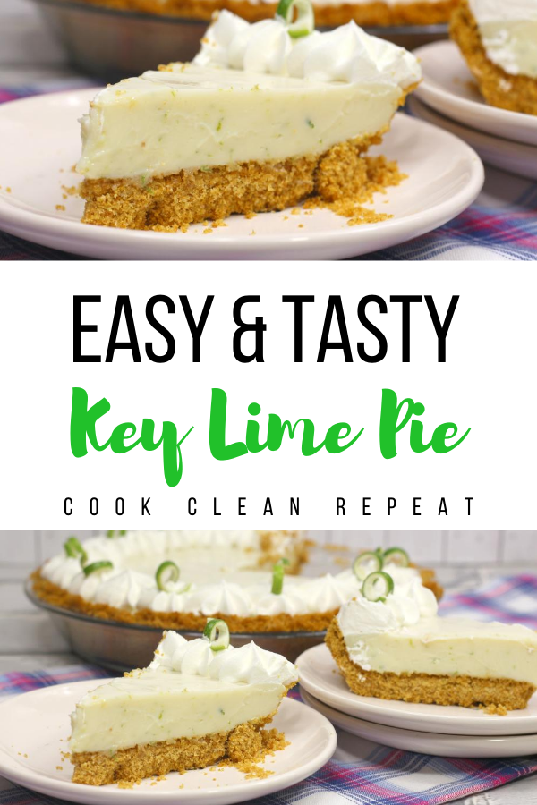 A pin showing the finished key lime pie recipe with the title in the middle. 