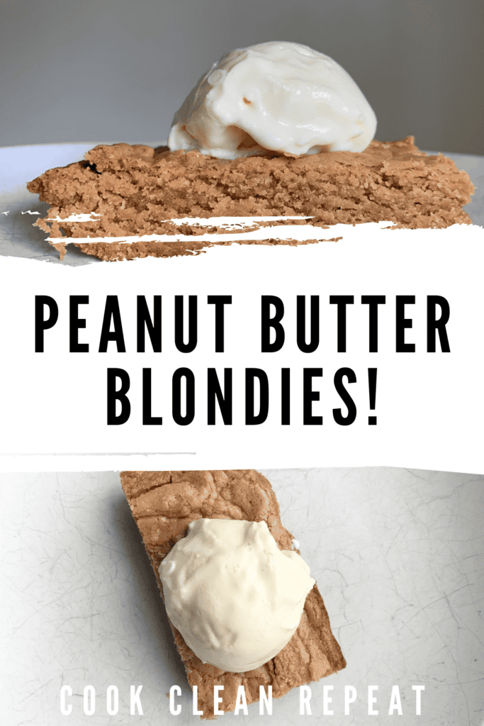 Pin peanut butter blondies showing the title in the middle with photos top and bottom.