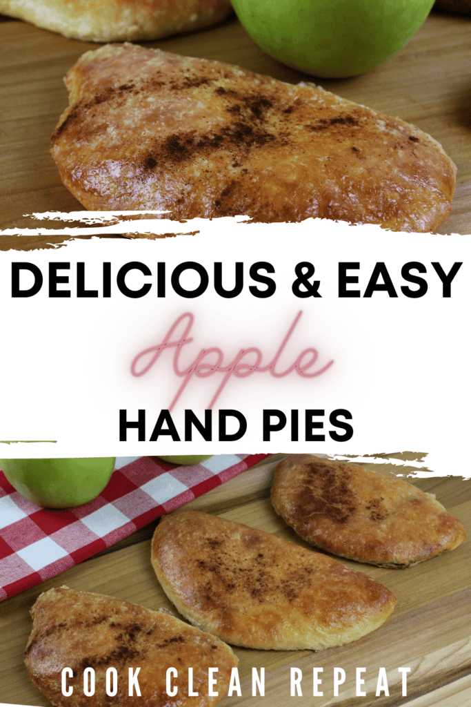 Pin showing the finished apple hand pies with canned pie filling.