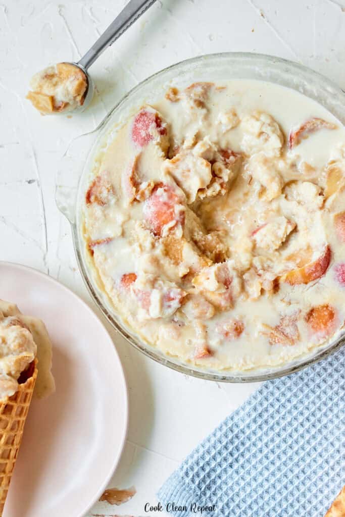 A top down look at the finished bowl of ice cream ready to dip out. 