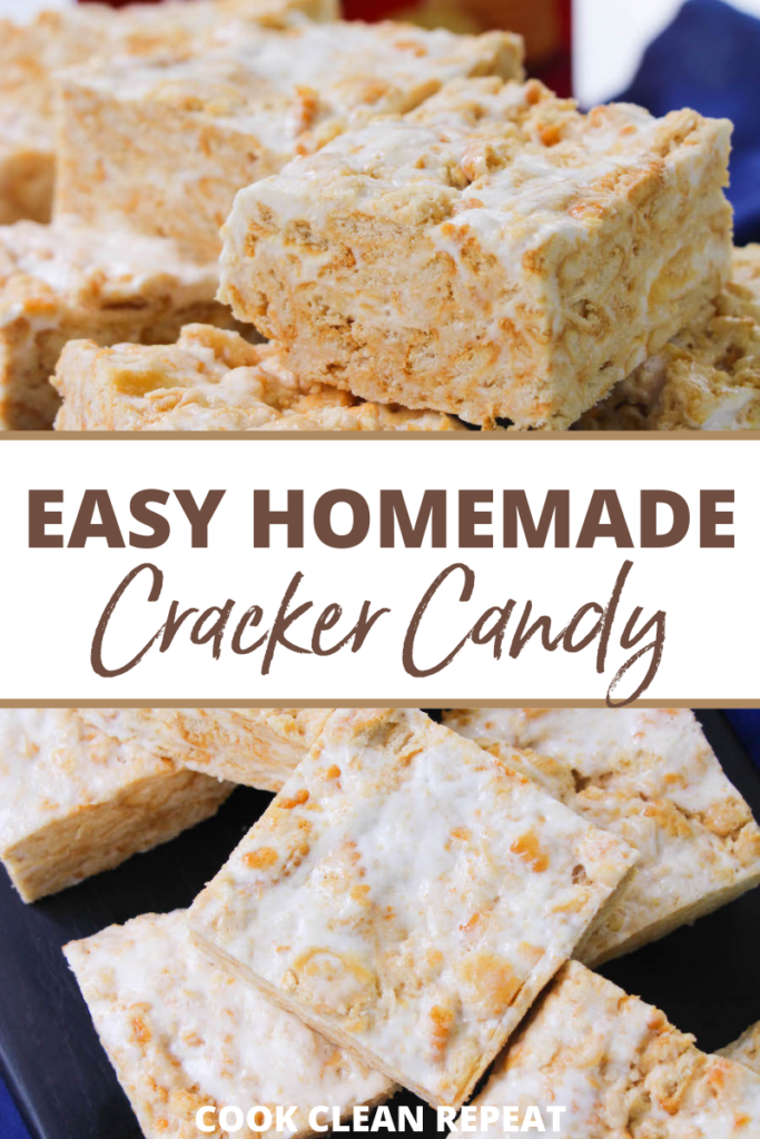 Pin showing the easy homemade cracker candy treats ready to serve with title across the middle.