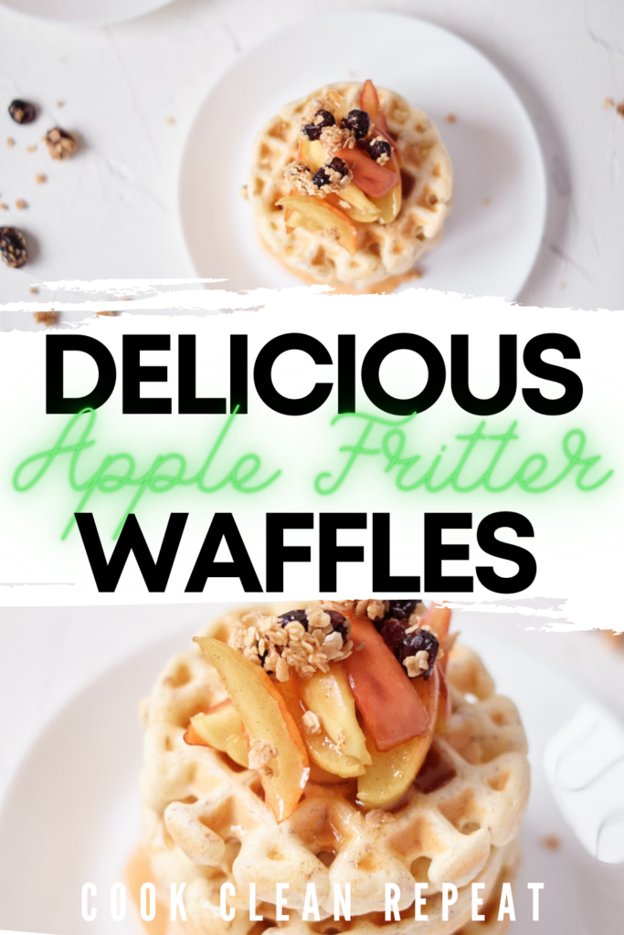 Pin showing the finished apple fritter waffles ready to be enjoyed with title across the middle. 