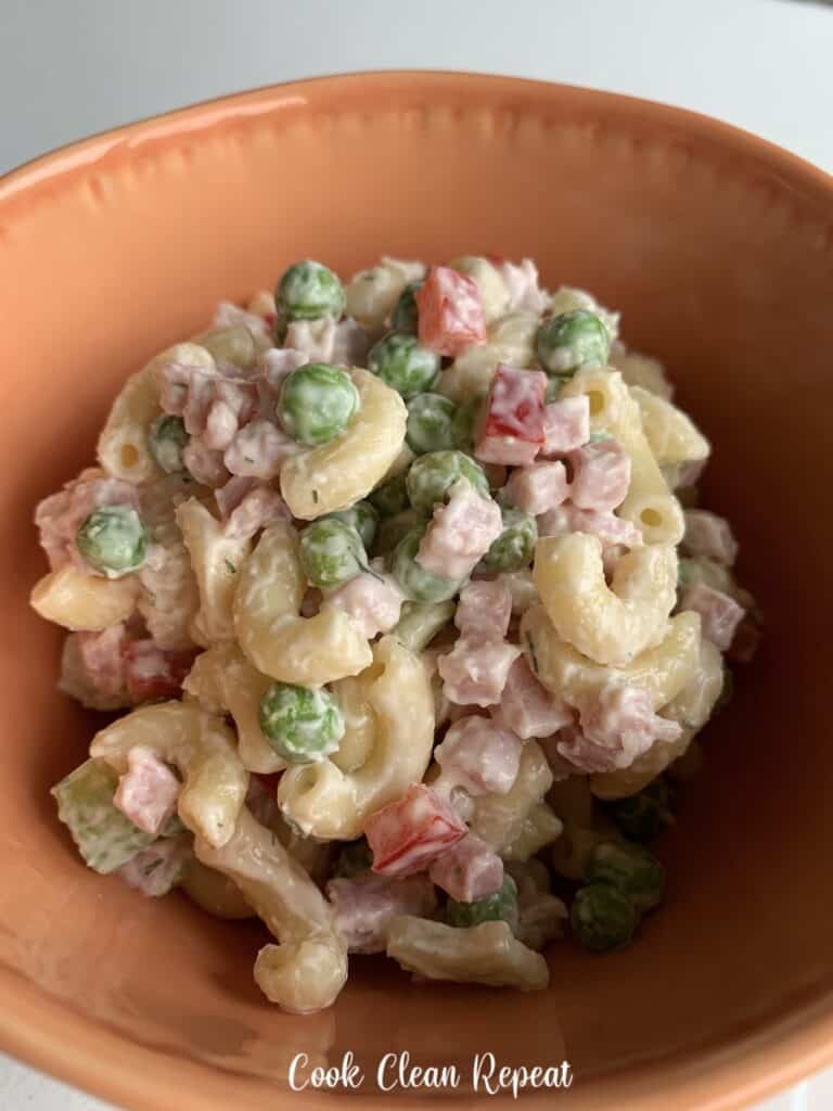 A close up view of the finished salad in a bowl ready to eat.