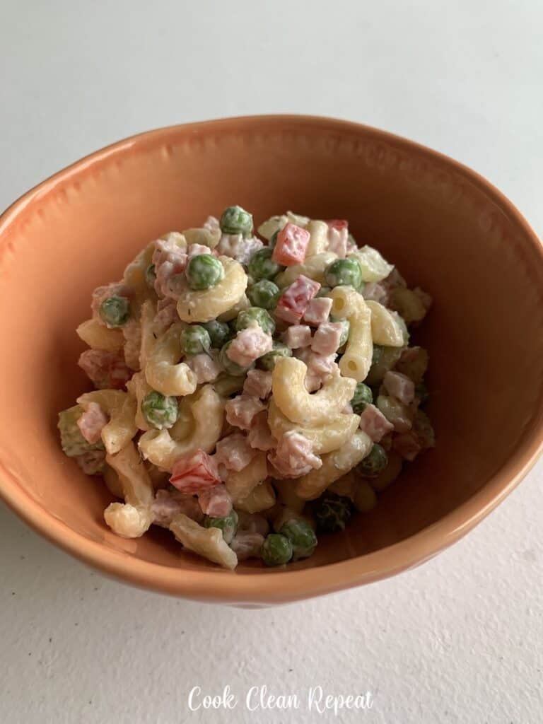Another bowl full of the delicious finished ham and pineapple pasta salad ready to eat.